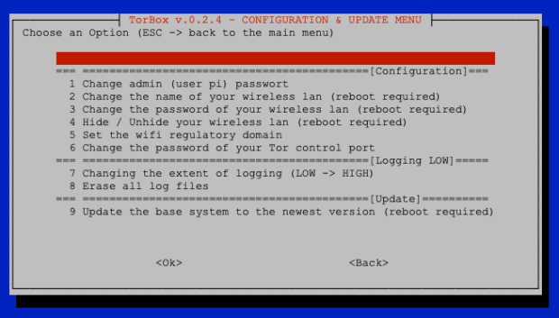 The Configuration & Update Menu in TorBox v.0.2.4.