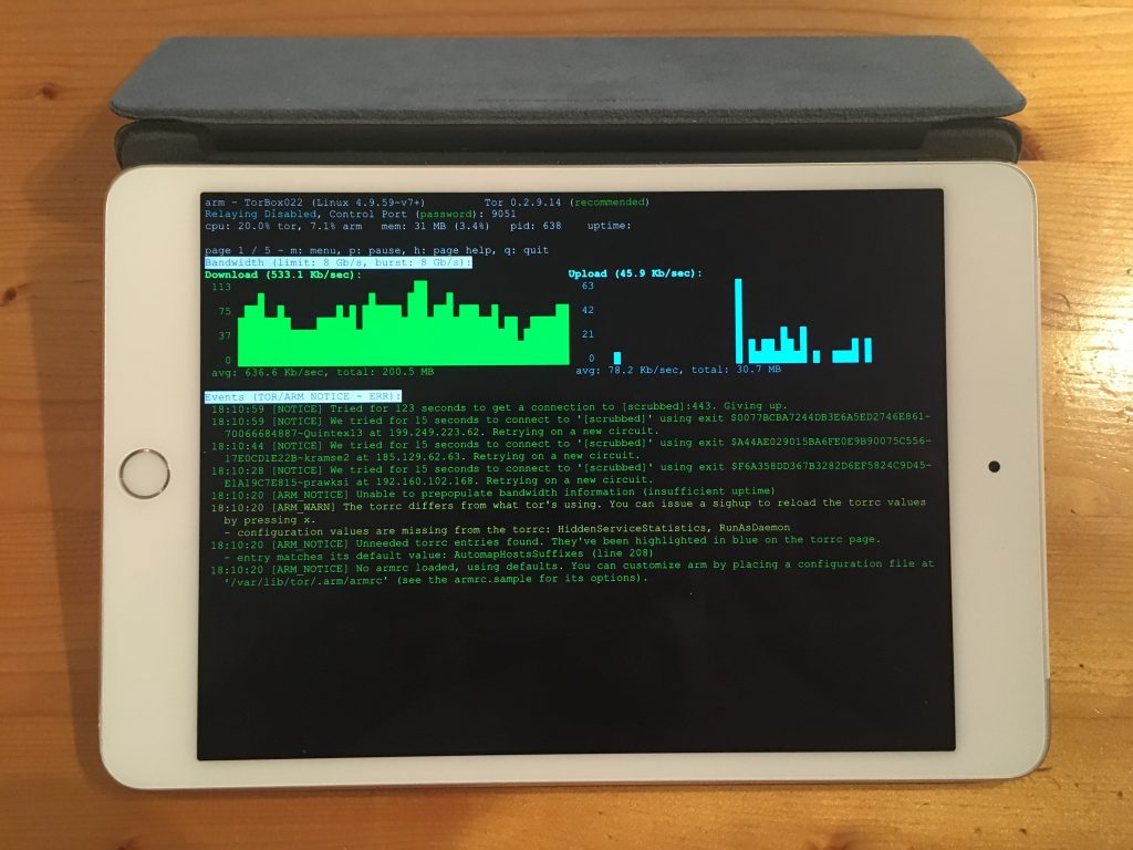 An iPad connected to TorBox running arm (Tor statistics) in a vSSH terminal.