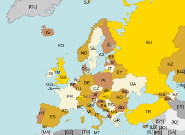 A map of Europe, with the corresponding two-letter country codes in place of the full names of countries.