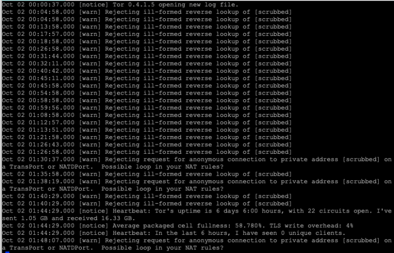 A portion of Tor's log file (/var/log/tor/notices.log) when logging is set to "low".