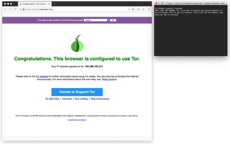Tor Browser is running under macOS without its own Tor instance on a TorBox client device. It was started by the script “start_tor_browser_on_macos.sh”.