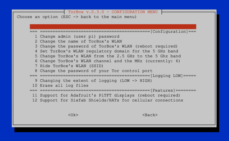 The Configuration sub-menu of TorBox v.0.3.0