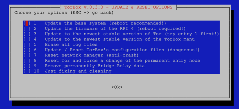 The update and reset sub-menu of TorBox v.0.3.0.