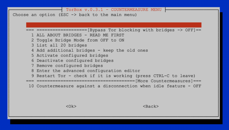 The countermeasure sub-menu of TorBox v.0.3.1