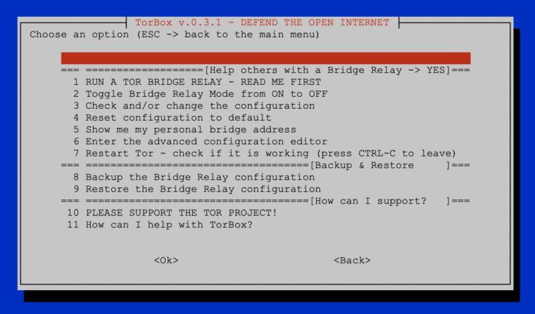 The sub-menu “Go to defend the open internet” of TorBox v.0.3.1