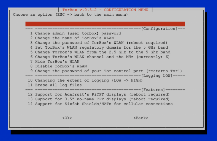 The Configuration sub-menu of TorBox v.0.3.0
