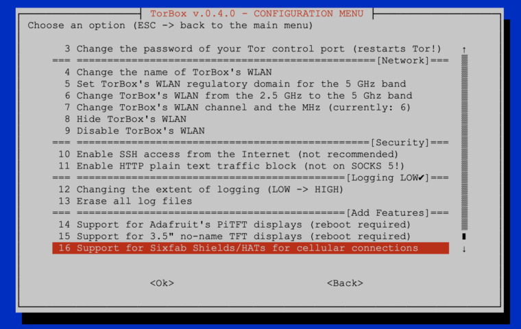 The lower part of the configuration sub-menu of TorBox v.0.4.0