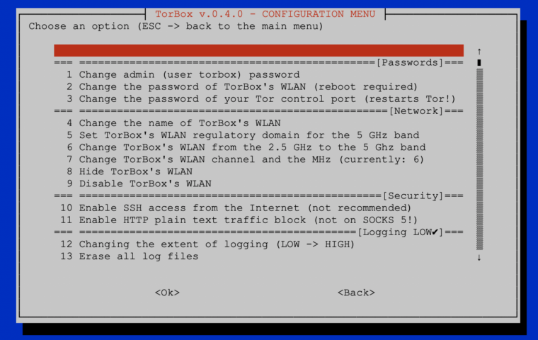 The upper part of the configuration sub-menu of TorBox v.0.4.0