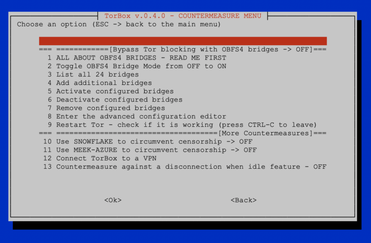 The Countermeasure sub-menu of TorBox v.0.4.0.