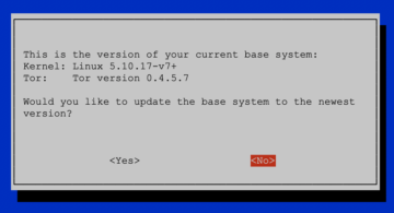 Before the update starts, the current version of the installed Linux kernel and Tor is displayed.