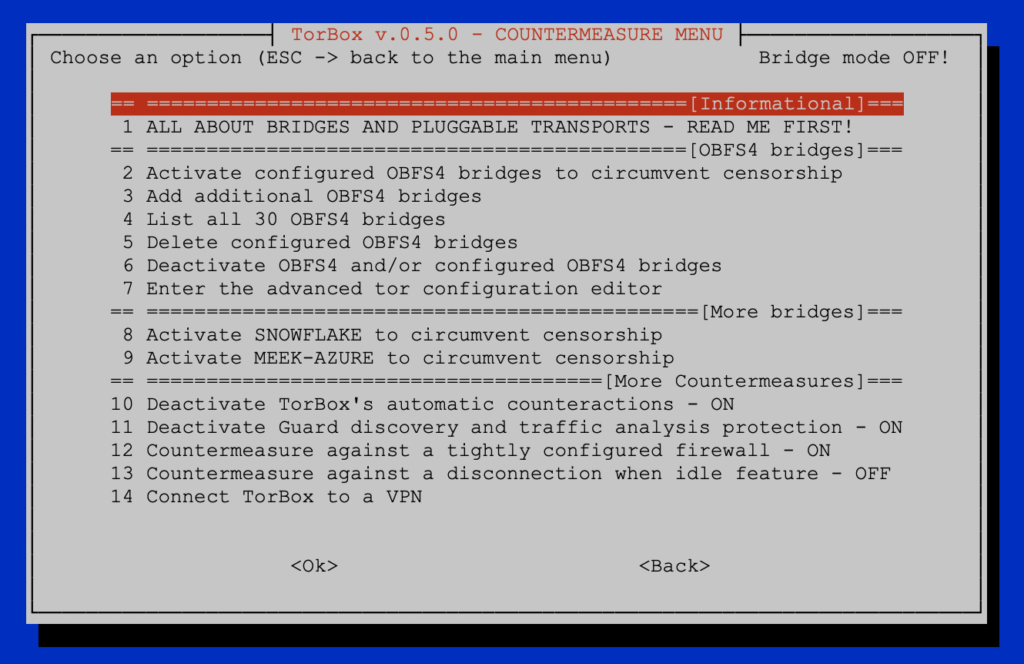 The Countermeasure sub-menu of TorBox v.0.5.0.