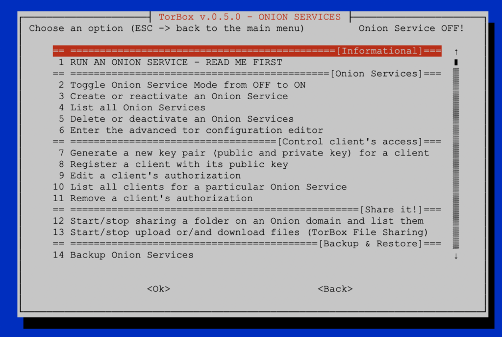 The upper part of the "Onion Services" sub-menu of TorBox v.0.5.0