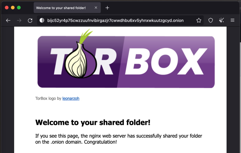 Splash screen after sharing a new, empty folder on an Onion domain.
