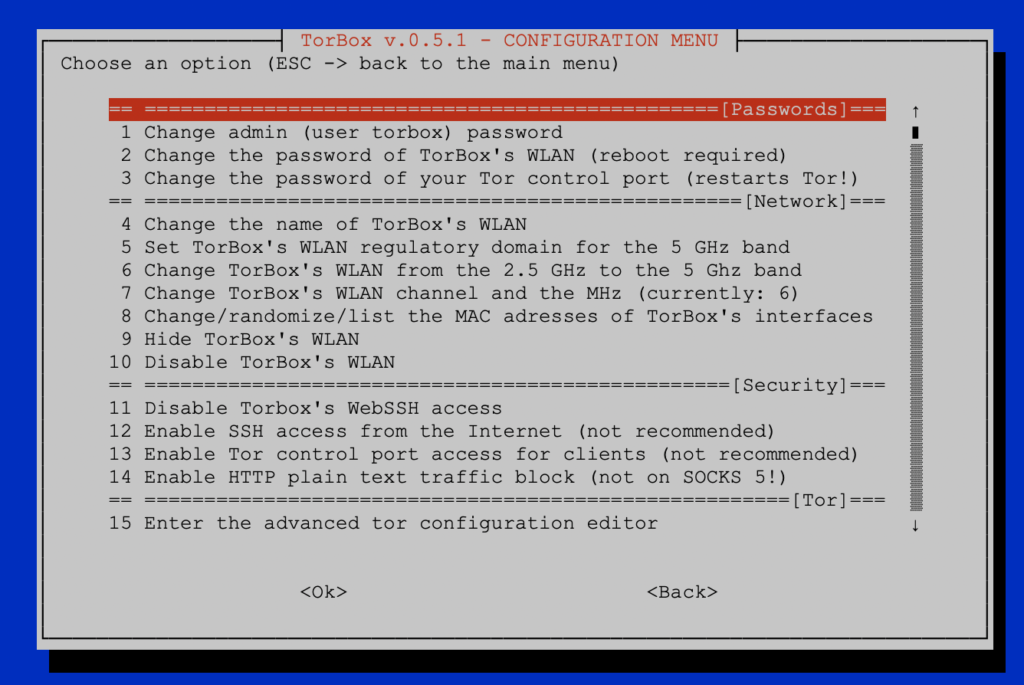 The upper part of the configuration sub-menu of TorBox v.0.5.1.