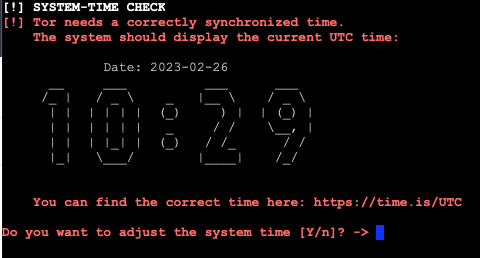 TorBox asks if you want to adjust the system time. 