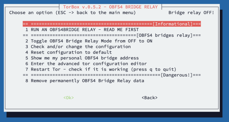 The OBFS4 Bridge Relay sub-menu of TorBox v.0.5.2