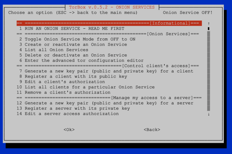 The upper part of the "Onion Services" sub-menu of TorBox v.0.5.2.