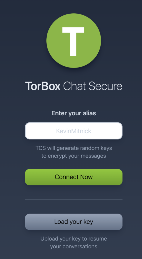 TorBox Chat Secure 2.0 log in screen