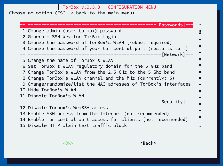 The upper part of the configuration sub-menu of TorBox v.0.5.3.