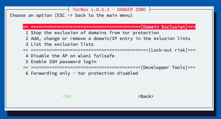 The Danger Zone sub-menu of TorBox v.0.5.3.