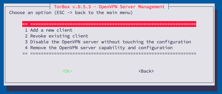 TorBox's OpenVPN management sub-menu