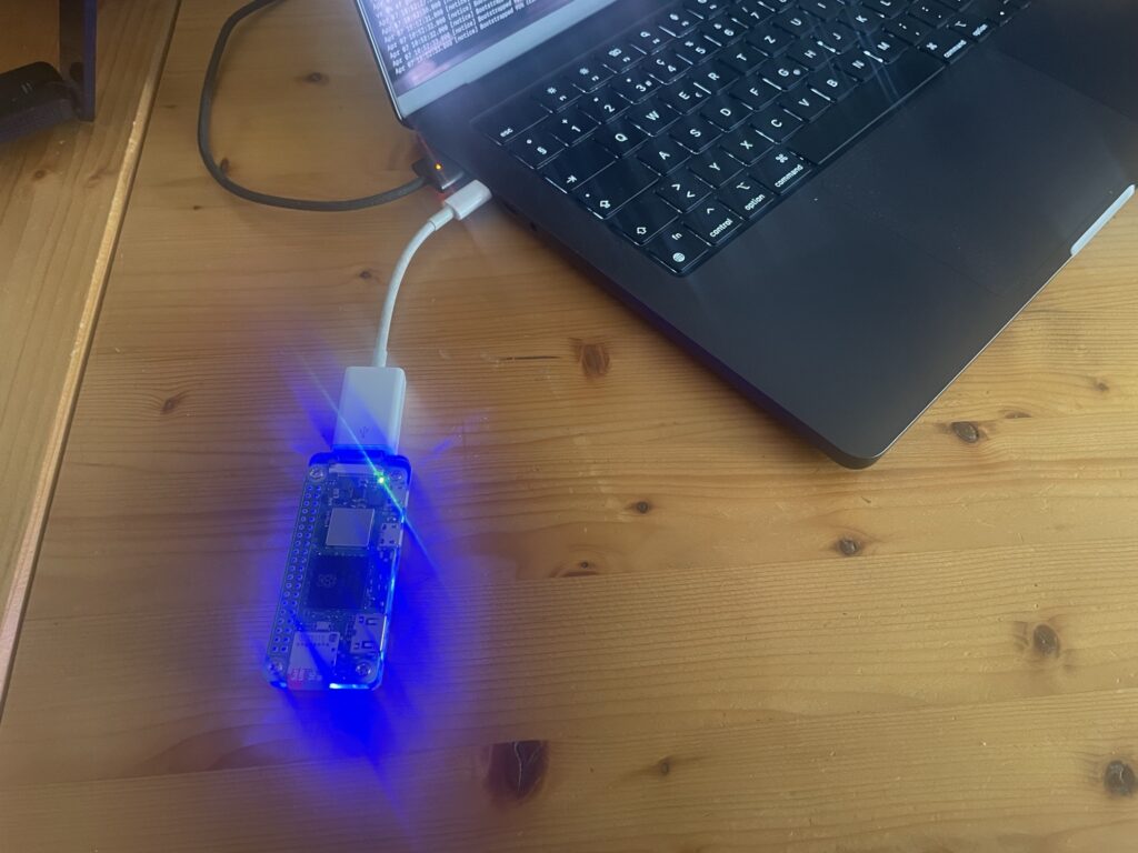 TorBox mini in action! It is connected via a USB-A female - USB-C male adapter to a MacBook pro.