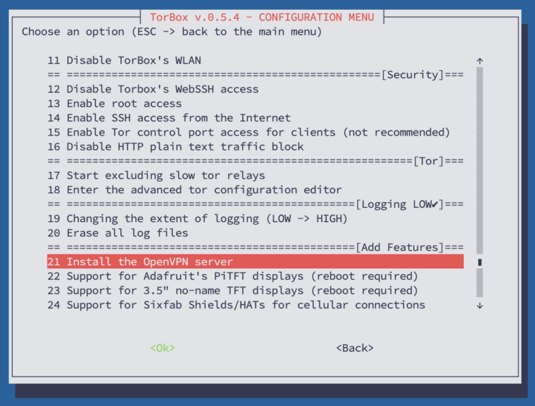 The lower part of the configuration sub-menu of TorBox v.0.5.4.