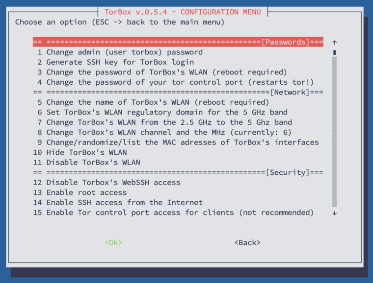 The upper part of the configuration sub-menu of TorBox v.0.5.4.