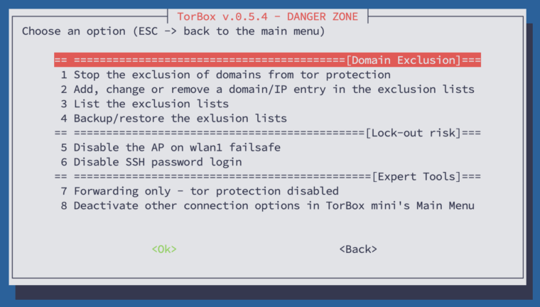 The Danger Zone sub-menu of TorBox v.0.5.4.