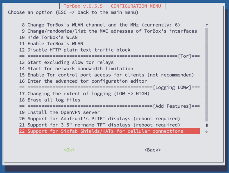 The lower part of the configuration sub-menu of TorBox v.0.5.5.