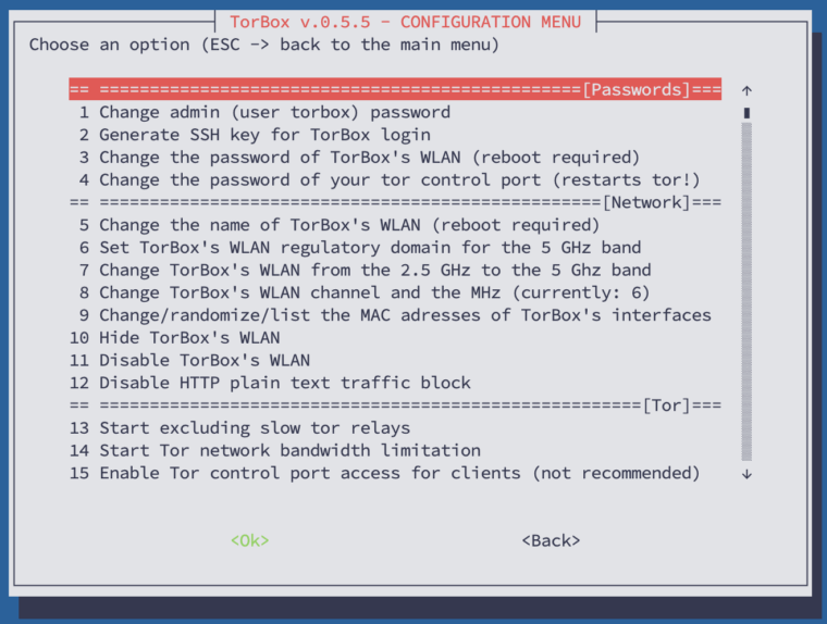 The upper part of the configuration sub-menu of TorBox v.0.5.5.