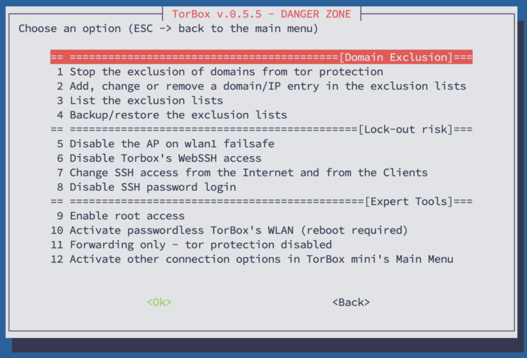 The Danger Zone sub-menu of TorBox v.0.5.5.